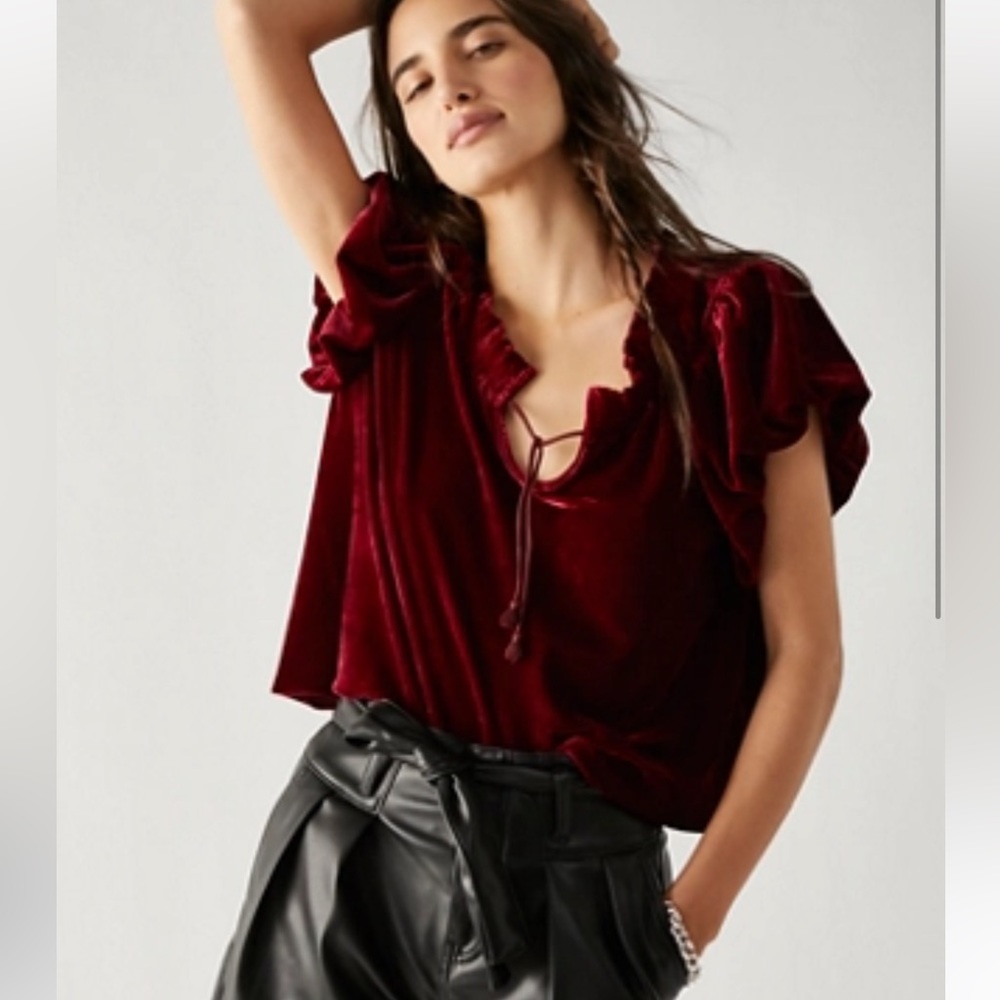 FREE PEOPLE Terese Velvet Front Tie Peasant Top Blouse Wild Garnet Red Small 4 6